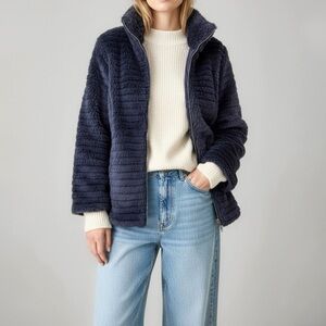 Vintage Faux Fur Navy Blue Jacket Size M 3/4 Wide Sleeves Vegan Oversized